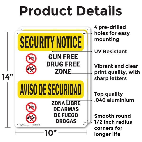 Gun Free Drug Free Zone Bilingual OSHA Security Notice Sign, Aluminum, 10in W X 14in L, 2PK